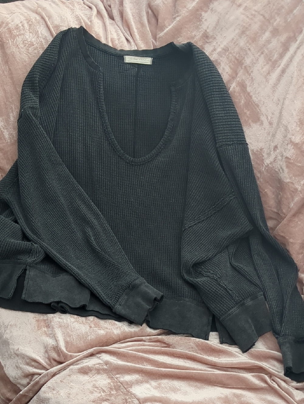 Free People Black Ribbed Scoop Neck Pullover